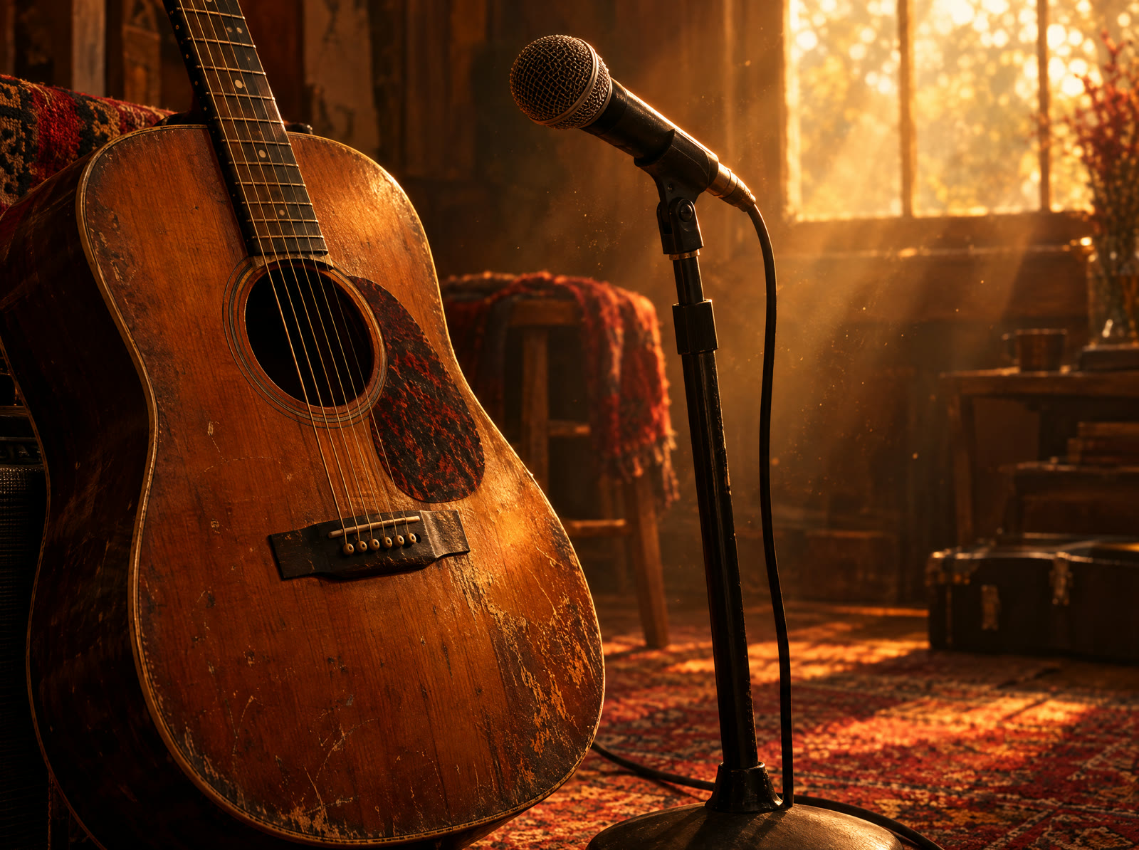 A worn acoustic guitar and a microphone in warm afternoon light