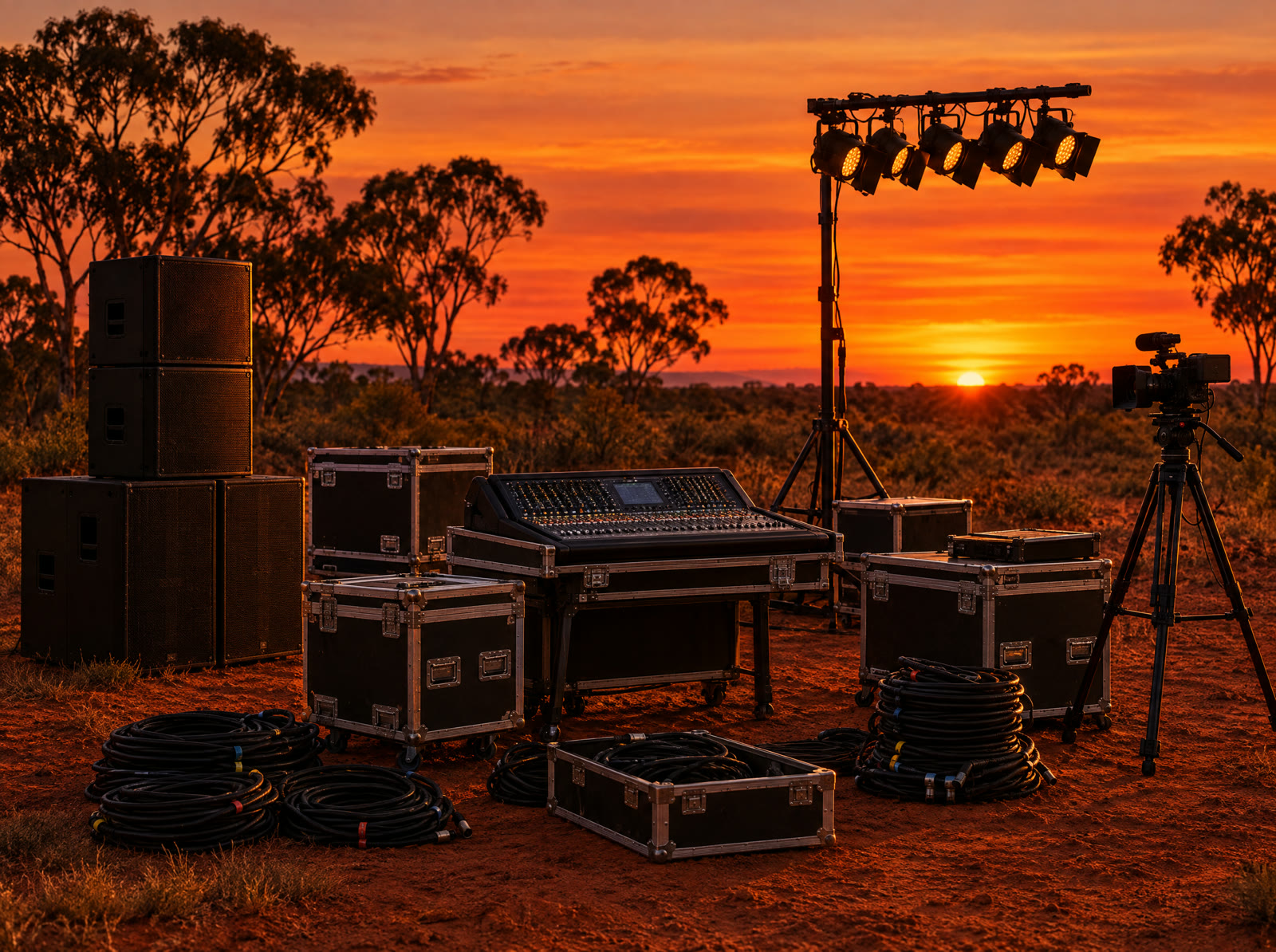 Speakers, road cases and a lighting rig on red earth at sunset