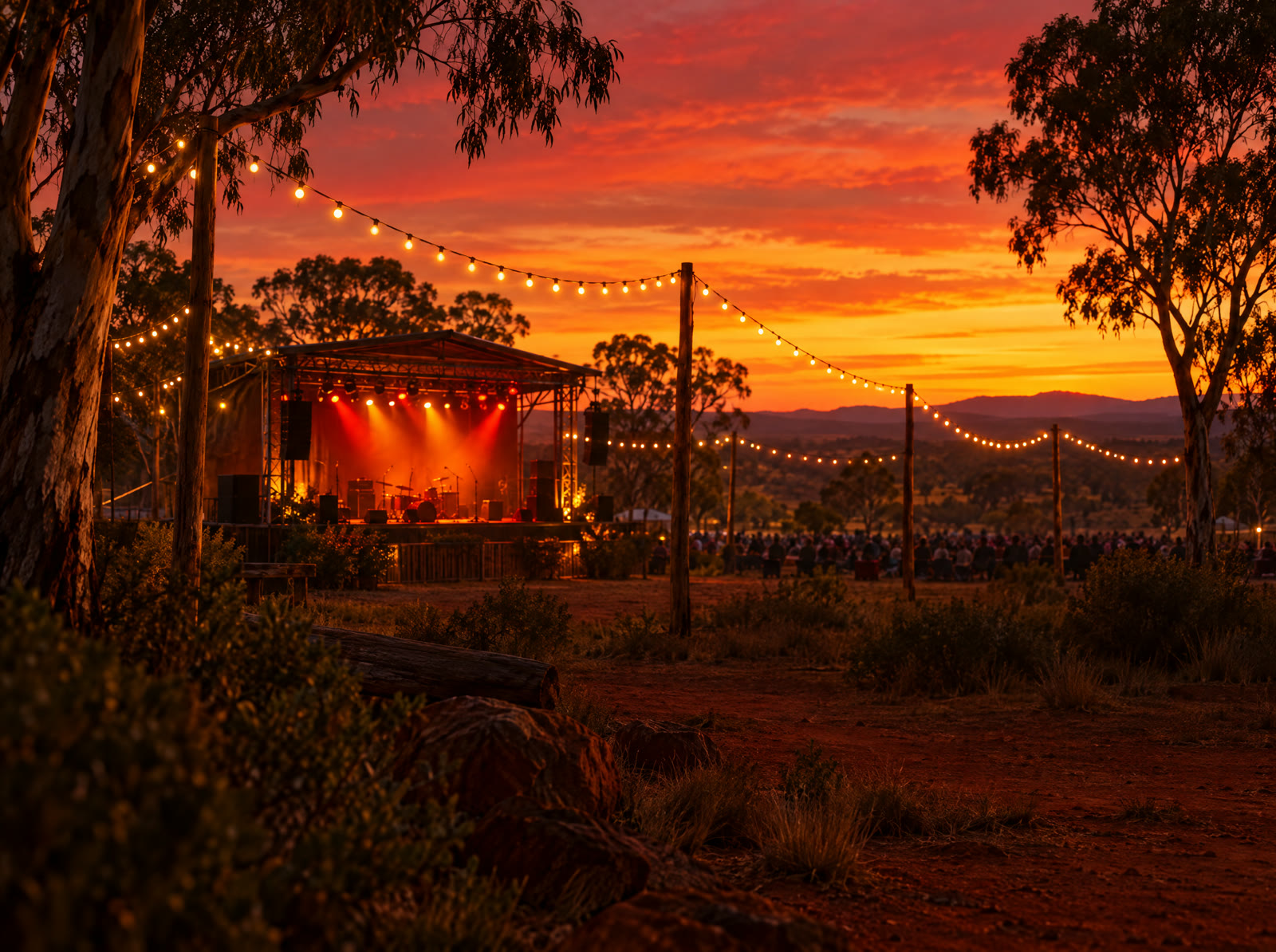 The Cherbourg Festival stage at dusk, lit in amber and red under festoon lights