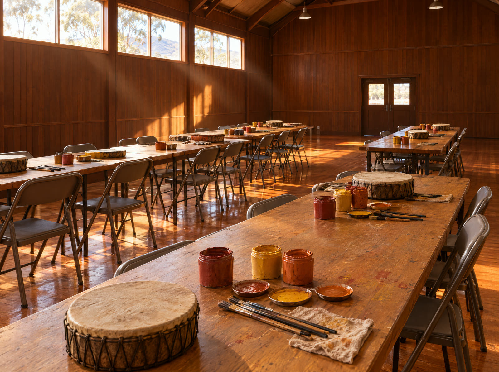 A community hall set up for a workshop with paint and drums on the tables